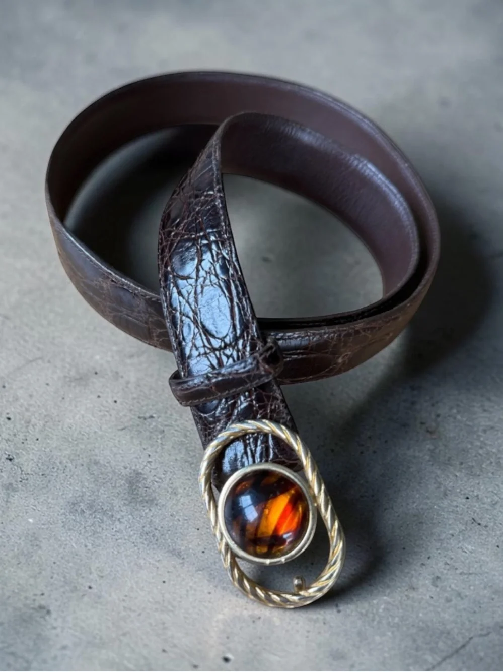 GUCCI VTG Crocodile Embossed Amber Jewel Brown Leather Belt Size Large